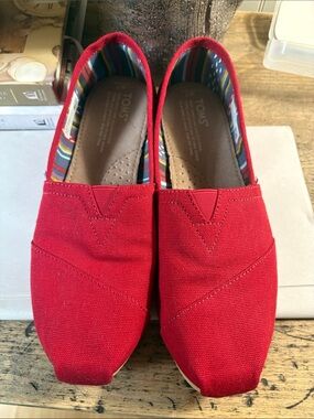 Toms Red Canvas Slip-On Flats with Striped Lining